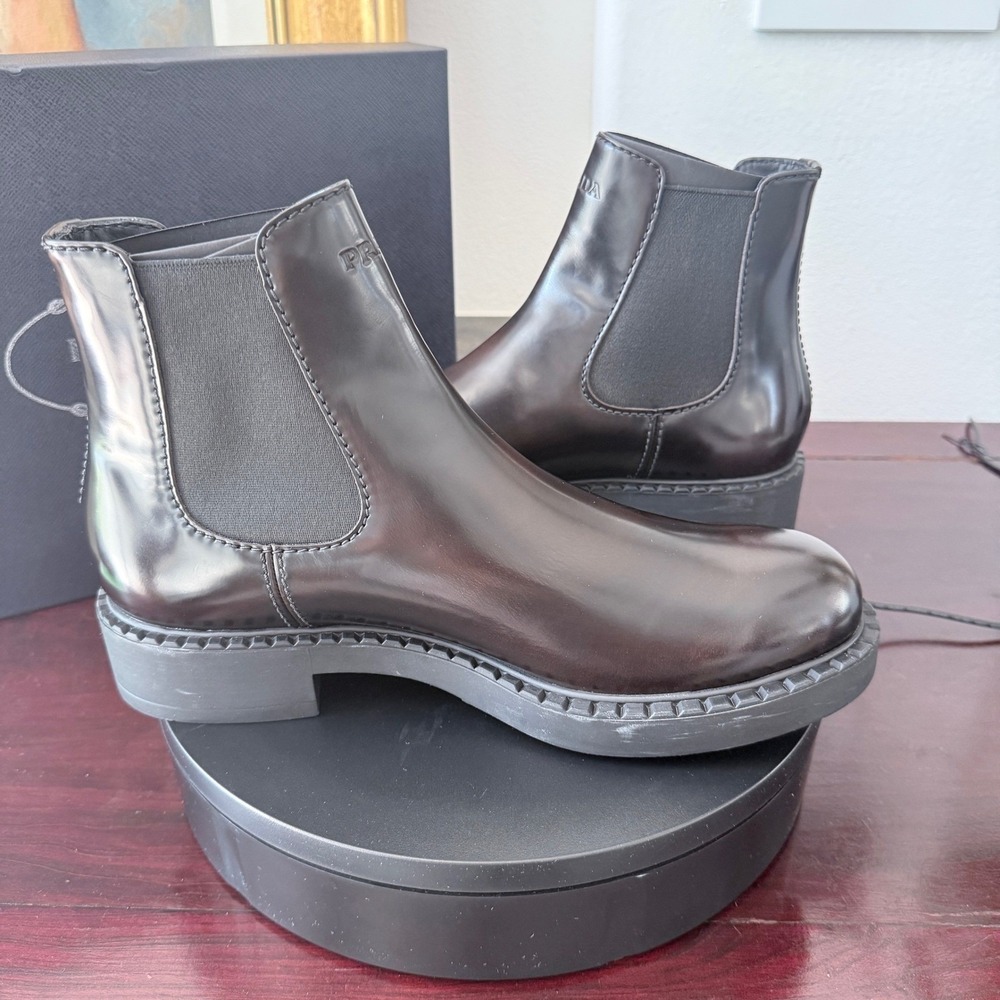 Prada 2TE168 Spazzolato Leather Chelsea Ankle Boots Mens Brown Lug Sole UK10.5 - Picture 12 of 14